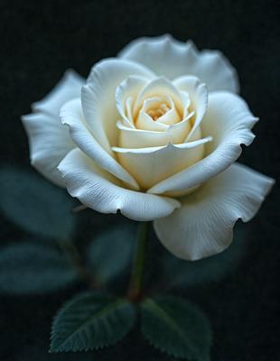 The primary subject of the image is a white rose with a green stem. The rose is sitting on a green stem, and it appears to be a close-up of the flower. The setting is a dark background, which contrasts with the white rose and green stem. The visual style is a realistic representation of the flower, and the colors are predominantly white and green, creating a serene and elegant atmosphere.